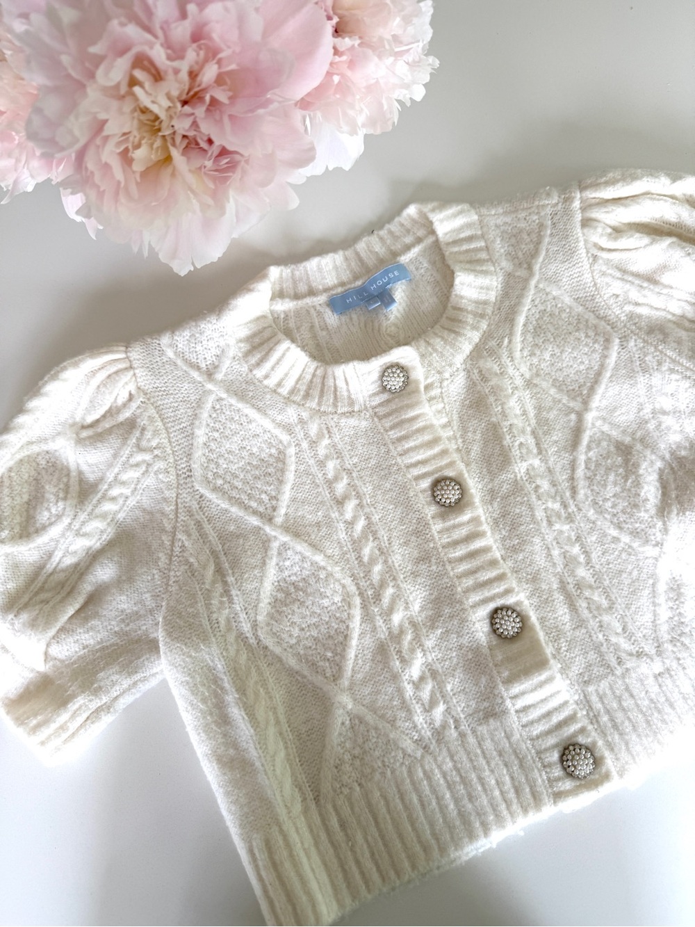 Hill House Ivory Cable-Knit Short Sleeve Cardigan with Pearl & Rhinestone Button